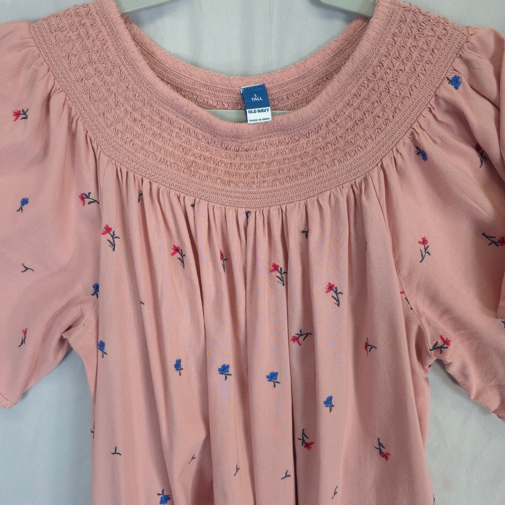 Old Navy Pink Embroidered Floral Smocked Dress Flutter Sleeve Casual L Tall - Picture 7 of 10